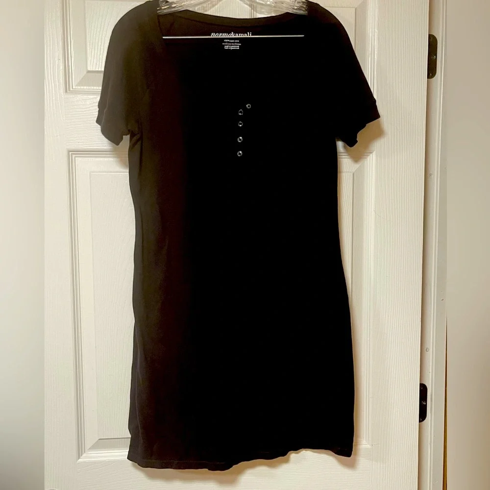 Norma Kamali Black Tshirt Dress with Buttons on Front Size Medium - Picture 2 of 6